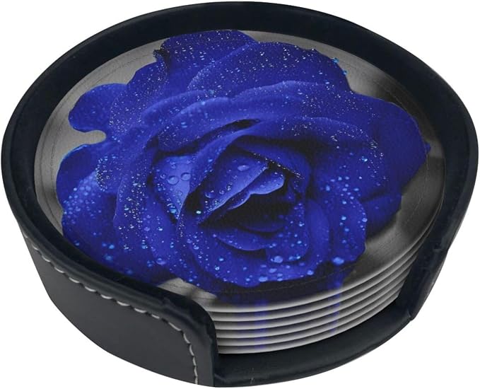 6 Pcs Blue Rose Flower Leather Coasters - Image 2