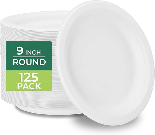 Freshware Paper Plates - Disposable 9" Plate, 125-Pack Biodegradable Sugarcane Fiber Dinner Plates - Heavy Duty Dinnerware for Hot Food - Microwave & Freezer Safe, Stackable Dinnerware
