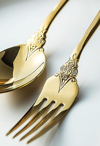 Gold Silverware Set for 6 Premium 18/10 Stainless Steel Flatware Set Palace Style 30 Piece Cutlery Tableware Utensils Embossed Decorative Handle Knives Forks and Spoons for Home Christmas Wedding