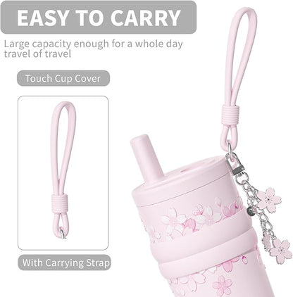 18.5 oz Thermo Cup with Straw, Elegant Cherry Blossom Embossed Design, Vacuum - Image 6
