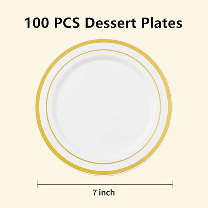 BESTSTAR 7 Inch White with Gold Rim Plastic Plates,100PCS Disposable Dessert/Appetizer/Small Cake Plates,Heavy Duty Plate Ideal for Christmas, Wedding and Birthday