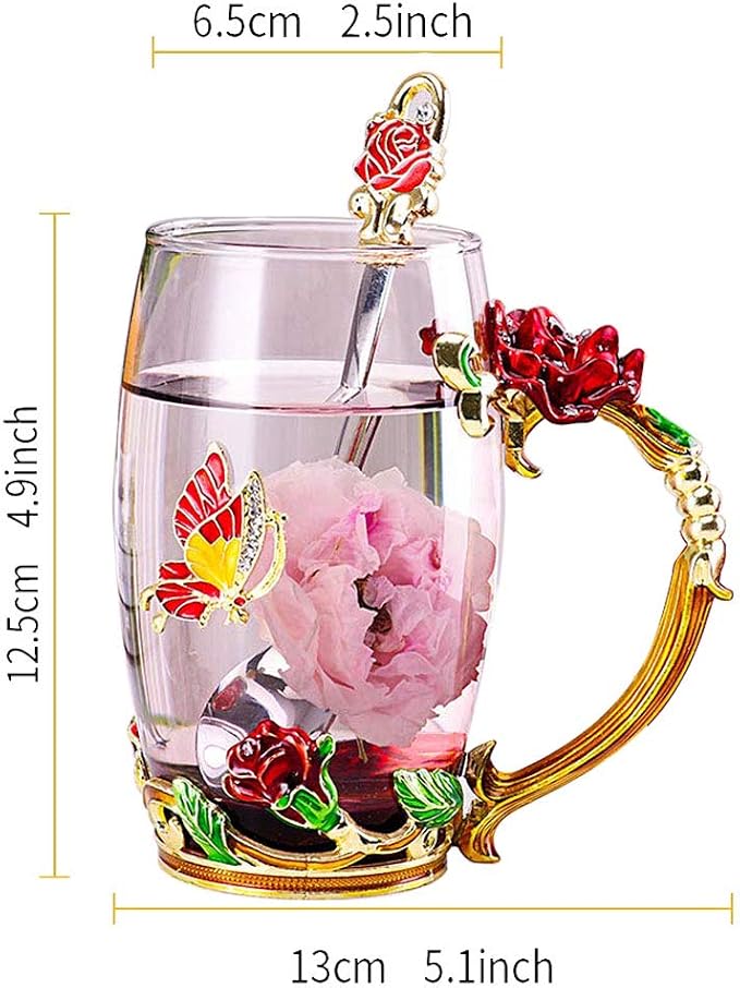 Birthday Gifts For Women, Enamel Butterfly Flower Glass Tea Cup Rose Red Coffee - Image 4