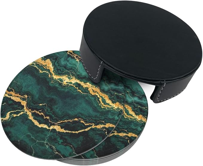 Drink Coasters with Holder Stand Set of 6, Emerald Green Gold Marble Pu Leather - Image 7