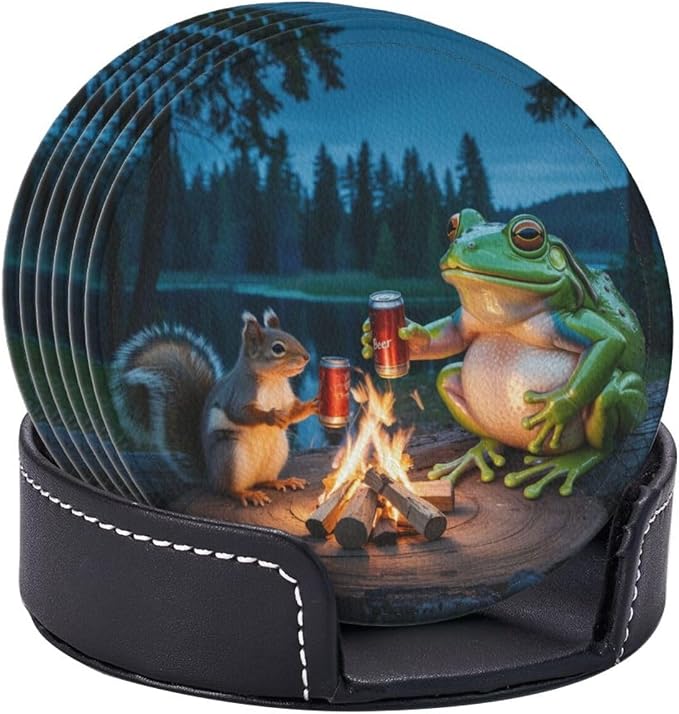 Happy Camper Frog Coasters for Drinks Set of 6, Round Leather Coaster - Image 8