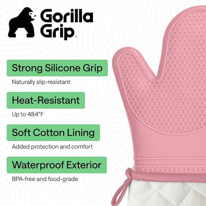 GORILLA GRIP BPA-Free Soft Silicone Oven Mitts, Heat Resistant and Waterproof Cooking Gloves, Thick Cotton Lining, Flexible Gripping for Baking Grilling, Kitchen Potholders Set of 2, 12.5x8.3, Pink