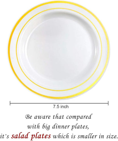 bUCLA 100Pieces Gold Plastic Plates -7.5inch White and Gold Disposable Salad/Dessert Plates - Ideal for Weddings, Party & Thanksgiving