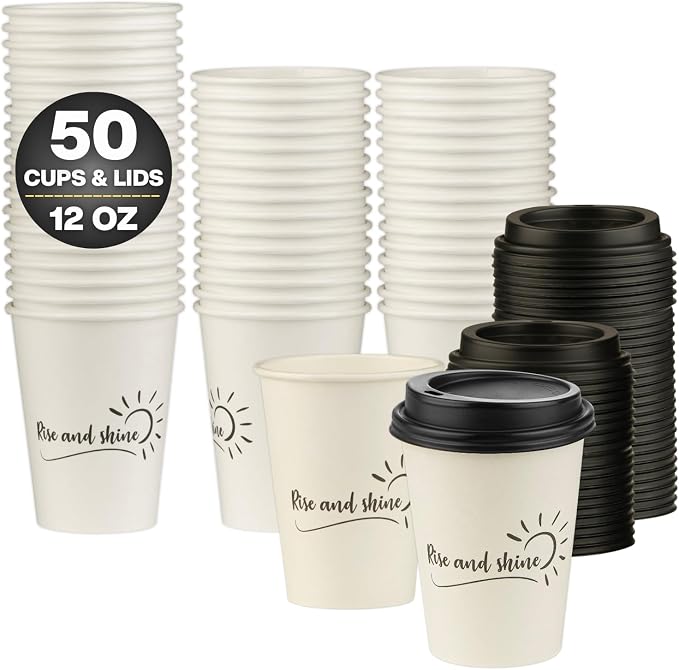 Disposable Coffee Cups with Lids, To Go Paper Hot Cups, Rise and Shine Design - Image 2