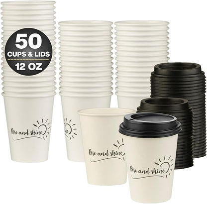 Disposable Coffee Cups with Lids, To Go Paper Hot Cups, Rise and Shine Design - Image 2