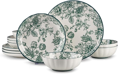 12-Piece Dinnerware Set Service 4, Porcelain Plates and Bowls Set, Vintage by FANGJING