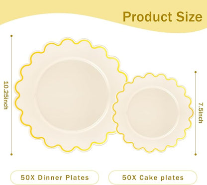 LIYH 100 Pcs Heavy Duty Ivory Gold Plastic Plates - Image 9