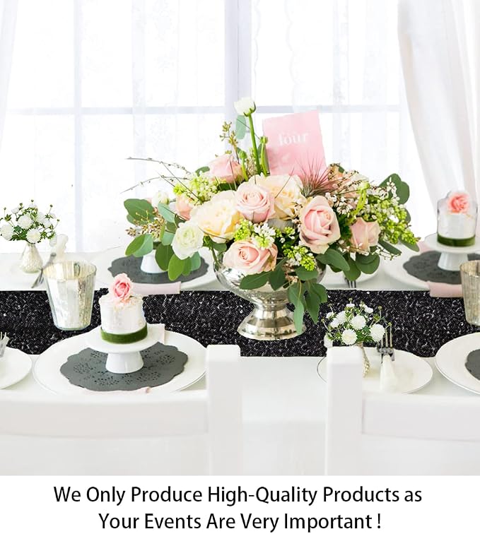 ShinyBeauty Table Runner 48 Inches Long Sequin Black Table Runner Small Sparkle - Image 3