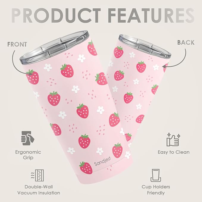 SANDJEST Strawberry Tumbler 20oz, Stainless Steel Travel Cup - Image 2