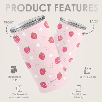 SANDJEST Strawberry Tumbler 20oz, Stainless Steel Travel Cup - Image 2