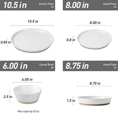 Famiware Saturn 16 Pieces Plates and Double Bowls Sets for 4, Stoneware Dinnerware Set with Pasta Bowl, Dish Set with Trim - Chip & Scratch Resistant, Microwave & Dishwasher Safe, White