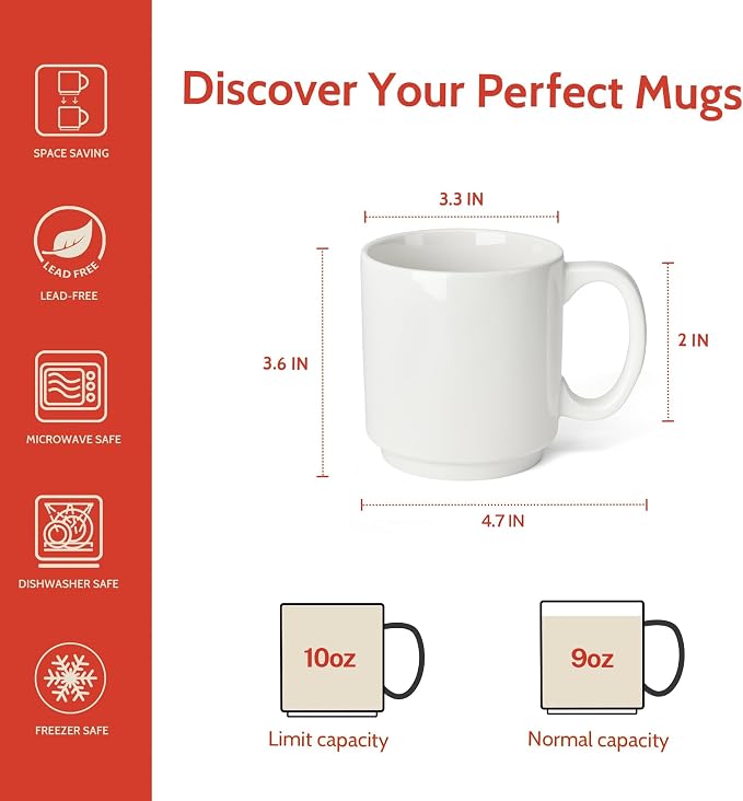 Sweese 10 Oz Stackable White Coffee Mug, Porcelain Coffee Mugs Sets of 6 - Image 2