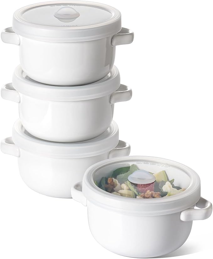 LE TAUCI Soup Bowls With Handles 28 oz and Silicone Lids, French Onion Soup Bowl for Chili, Beef Stew, Cereal, Ceramic Soup Crocks oven Safe, Microwave Dishwasher Safe - 5.5 inch, Set of 4, White