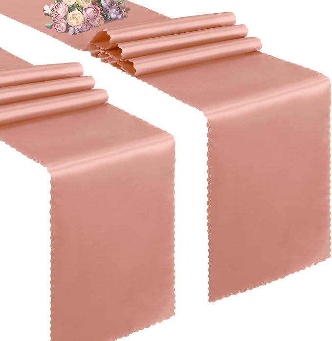 VACVELT Rose Gold Satin Table Runners, 12x72 Inch, 2 Pack, Scalloped Edge | by VACVELT