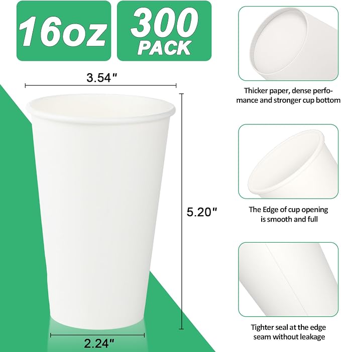 RAZCC 16 oz Paper Cups, 300 Pack 16oz Disposable Paper Coffee Cups, Coffee Cups - Image 2