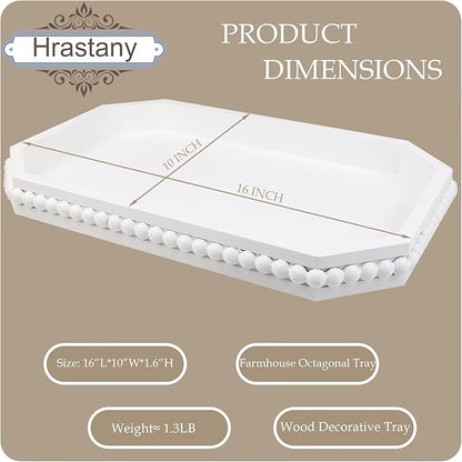 White Wood Serving Tray with Beads, Farmhouse Decorative Tray for Table Centerpiece, Christmas Wedding Halloween Home Decor