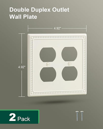 2-Pack Double Duplex Outlet Cover, Metal Switch Plates and Outlet Covers, Light Almond Pearls Decorative Wall Plates for Electrical Outlets, 2 Gang Receptacle Cover, Corrosion Resistant