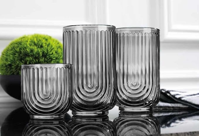 Glaver's 8 Piece Smoke Glassware Set, Art Deco Black Drinking Glasses, Ribbed - Image 2