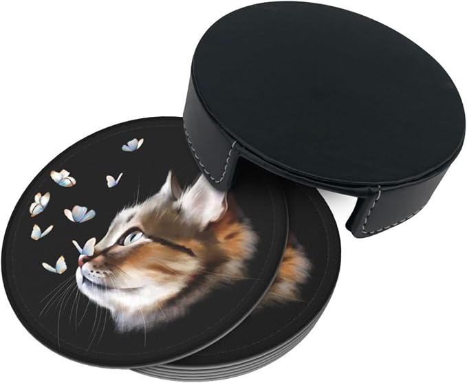 6 Pcs Portrait Cat with Butterflies Leather Coasters - Image 4