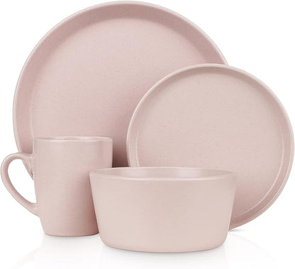 SERVICE FOR 4 - Total of 16 pieces including 8 dinner plates (10”), 4 salad plates (7.5”), 4 bowls (5.75”), and 4 mugs (12 oz), making it the perfect set to service 4 people