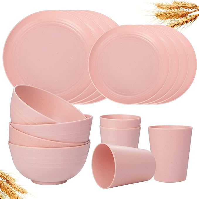 Rubtlamp 16Pcs Plastic Wheat Straw Dinnerware Set, Reusable Plastic Plate Set by Rubtlamp
