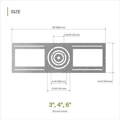 ASD 6 Pack New Construction Mounting Plate with Symmetric Round Hole - 3-4-6" Flat Steel Rough-in Wafer Light Bracket, LED Recessed Lighting Housing