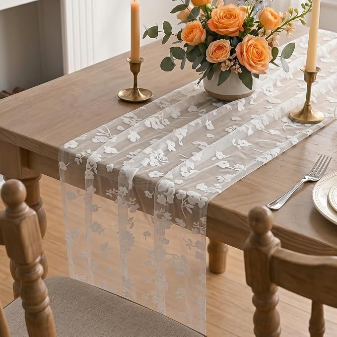 Artoid Mode White Gauze Flocking Flowers Table Runner 10FT, Seasonal Sheer - Image 5