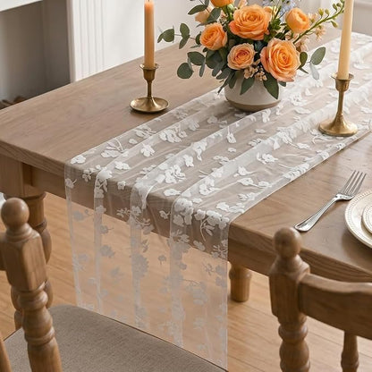 Artoid Mode White Gauze Flocking Flowers Table Runner 10FT, Seasonal Sheer - Image 5