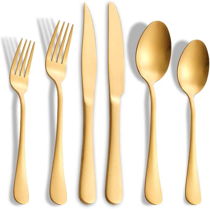 Matte Gold Silverware Set with Steak Knives, 24-Piece Stainless Steel Flatware by Joincook