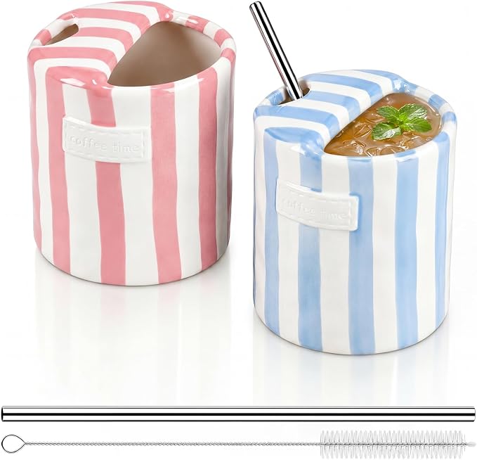 2 Pack Ceramic Coffee Mug with Sip Hole, Light Blue, Retro Hand Painted Striped by Ferrochef