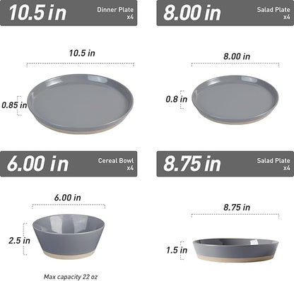 Famiware Saturn 16 Pieces Plates and Double Bowls Sets for 4, Stoneware Dinnerware Set with Pasta Bowl, Dish Set with Trim - Chip & Scratch Resistant, Microwave & Dishwasher Safe, Dark Gray