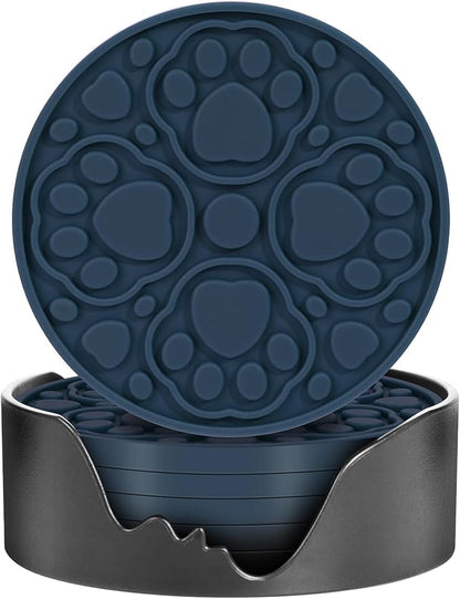 Blue Silicone Coasters with Holder, 4 Inch Non-Slip Coffee Round Cup Mats, Modern Bar Coaster Set of 6 for Desk, Table, Drink, Beer, Berverage - Dishwasher Safe