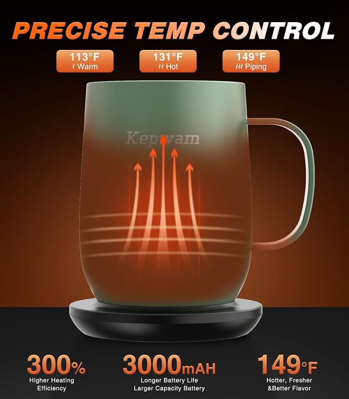 Kepwam Self-Heating Coffee Mug T2, 16oz Electric Heated Mug Hot Up to 149℉ | No - Image 2