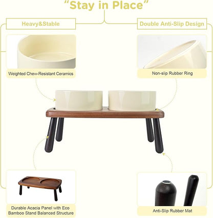 SPUNKYJUNKY Ceramic Elevated Dog Bowls Raised with Acacia Bamboo Wooden Stand, 6.1'' Dog and Cat Food Water Bowls Set Non-Slip for Small Medium Sized Breed Microwave Dishwasher Safe - 28.7 OZ,Beige