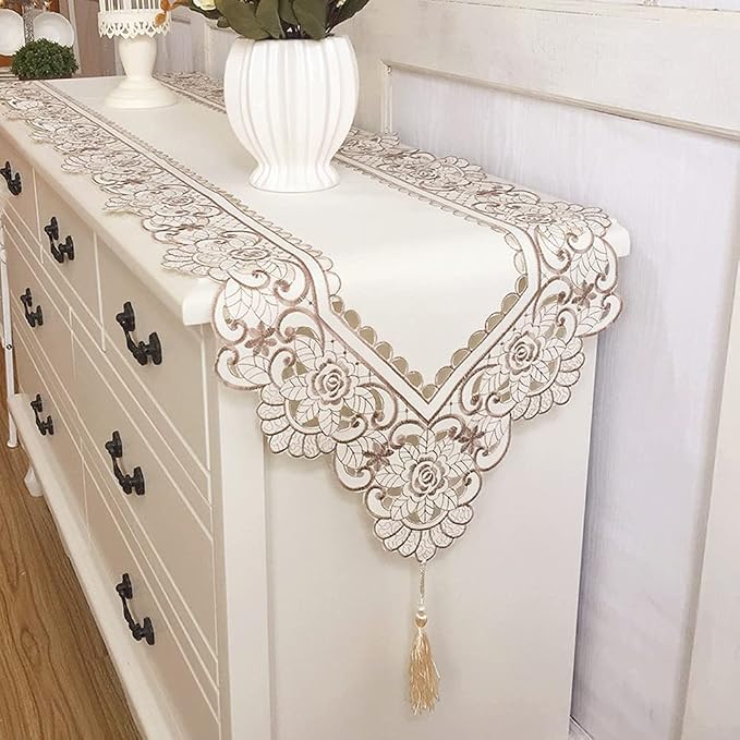 Arzoe Embroidered Lace Table Runner Elegant Vintage Mantel Scarf Dresser by Arzoe
