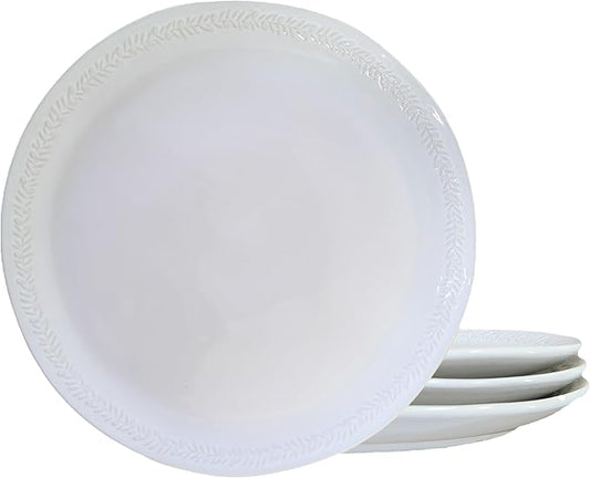 10 Inch Ceramic Dinner Plates Set of 4, Embossed Vintage White Dishes - Microwave & Dishwasher Safe Porcelain for Portion Control, Salad, Pasta - Scratch Resistant Farmhouse Dinnerware