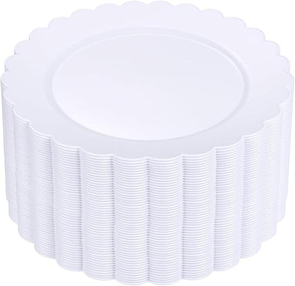 SUT 72-Pack 10.25 Inch White Heavy Duty Plastic Dinner Plates, Disposable Plates, Scallop Plates for Parties, Events, and Occasions