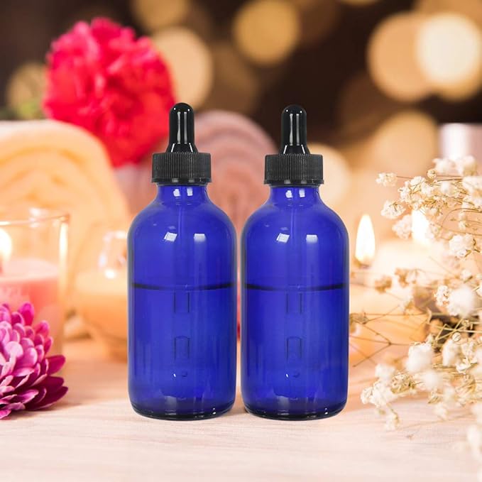 CycleMore 16 Pack (120 ml) 4 oz Blue Boston Bottles with Glass Eye Droppers, Glass Dropper Bottles for Essential Oils & Lab Chemicals & More Liquids Ideal for Mom & Friends