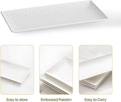 Rectangular Embossed Serving Platter Set, 12 Inch Large Serving Plates, Stackable Serving Tray for Wedding, Ceramic White Serving Platters for Entertaining, Dishwasher & Oven Safe (4PCS)