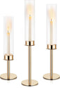 Hurricane Candle Holders Set of 3 Metal Candlestick Holder for Glass Taper Tall Candle Holders with Crystal Chimney Tube Candles Stands for Home Decor, Christmas, Dinning (3, Gold)