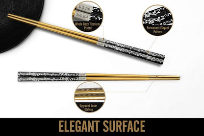 Chopsticks Reusable Titanium Plated Metal Chopsticks 304 Stainless Steel Chopstick Dishwasher safe Japanese Korean lightweight Engraved Anti-slip Chop sticks for Eating 2 Pairs Gift Set Black Gold