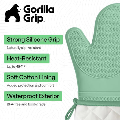 GORILLA GRIP BPA-Free Soft Silicone Oven Mitts, 14.5x8.3, Heat Resistant and Waterproof Cooking Gloves, Thick Cotton Lining, Flexible Gripping for Baking Grilling, Kitchen Potholders Set of 2, Mint
