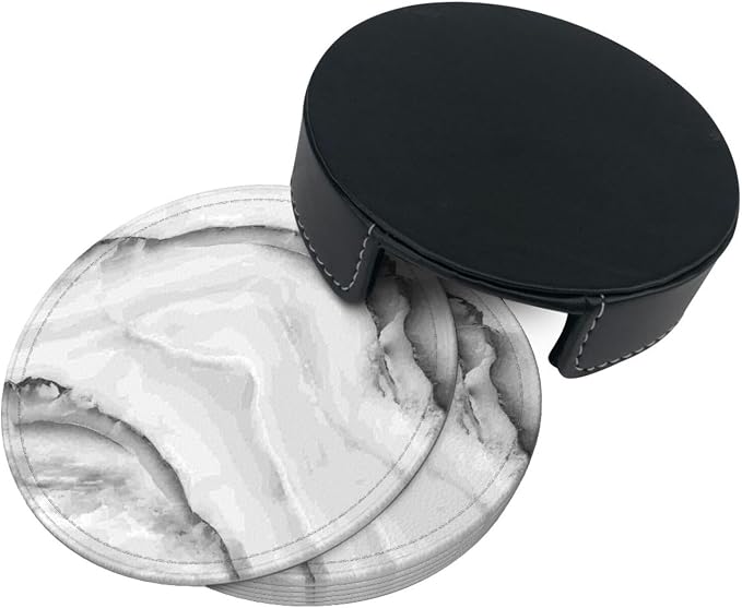 6 Pcs Simple Crystal White Gray Marble Leather Coasters - Image 5