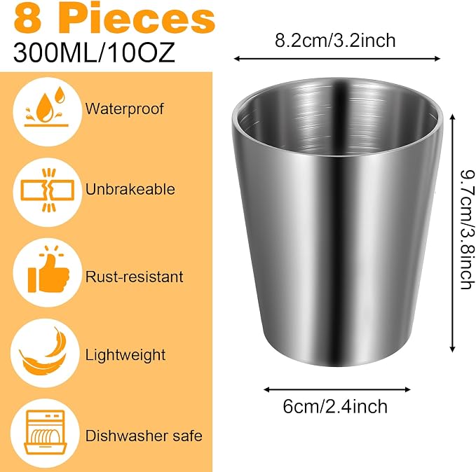8Pack Stainless Steel Cups 10oz Silver Double Wall Vacuum Metal Tumbler Cups - Image 2