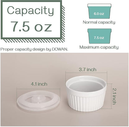 DOWAN Ramekins with Lids 6 oz Oven Safe, Creme brulee Souffle Dishes Ramekin with Covers, Porcelain Bowls for Baking Custard Cups, Set of 6, White