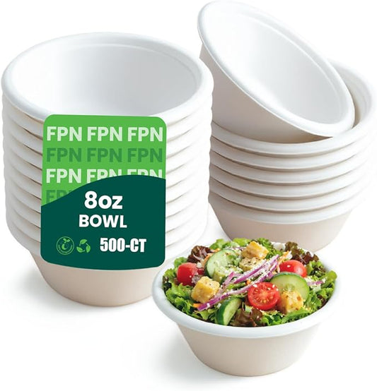 Disposable Paper Bowls, 8oz 500 Pack, Compostable Heavy-Duty Biodegradable Sugarcane Bowls – Eco-Friendly, Bagasse Bowl for Soup, Salad, Dessert & More