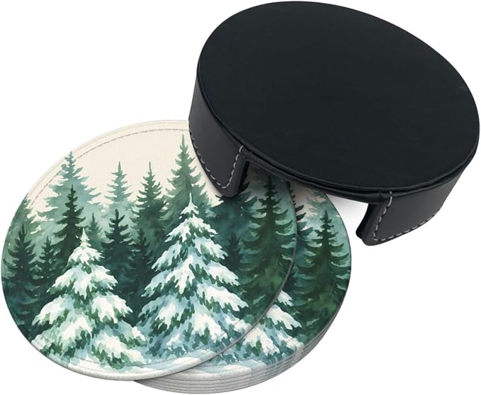 Winter Snow Scene Forest Green Christmas Tree Coasters - Image 7